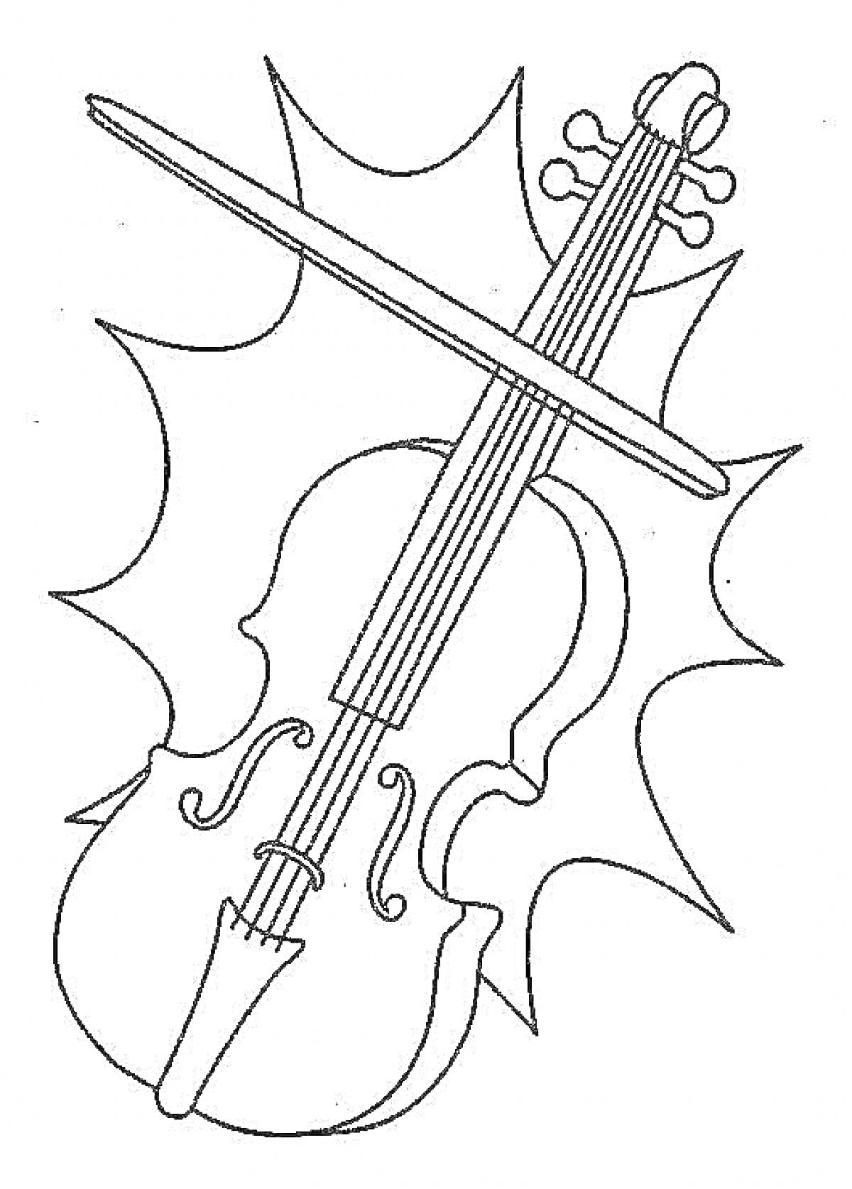 На раскраске изображено: Скрипка, Смычок, Музыка, Инструмент, Абстрактный фон, Музыкальный инструмент
