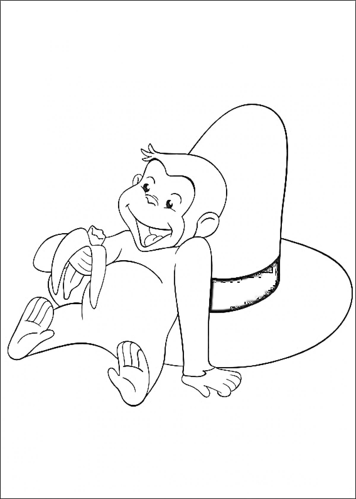 Раскраска Любопытный Джордж ест банан рядом с большой шляпой