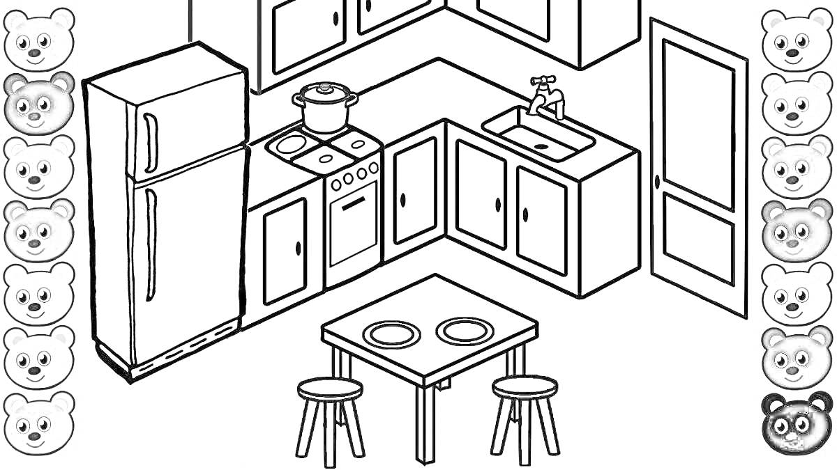 Раскраска Кухня со столом и стульями Элементы: холодильник, плита с кастрюлей, кухонная раковина с краном, кухонные шкафы, двери, стол, два стула, две тарелки на столе.