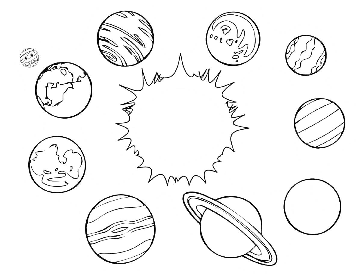 На раскраске изображено: Космос, Планеты, Солнце, Сатурн, Земля, Венера, Марс, Юпитер, Уран, Нептун, Астрономия, Солнечная система