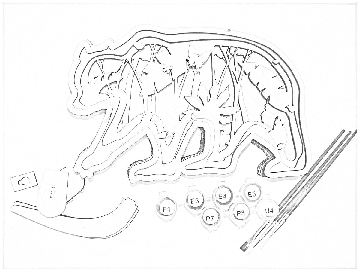 Раскраска Многослойная деревянная раскраска в виде медведя с деревьями внутри, с комплектом для раскрашивания, включающим краски и кисточки