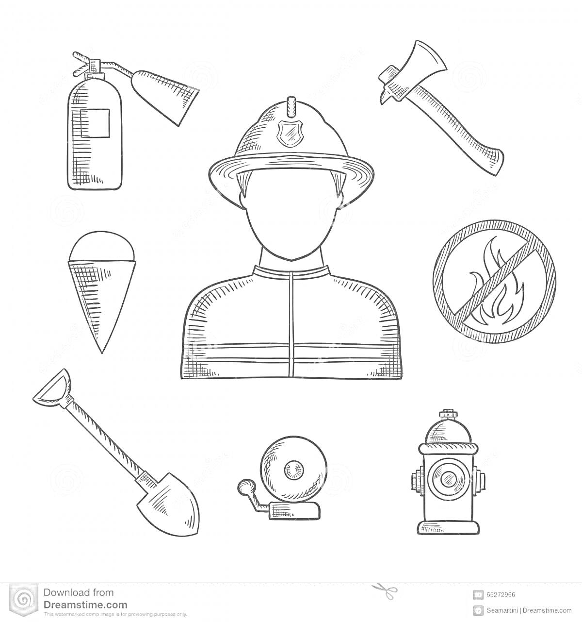 На раскраске изображено: Огнетушитель, Пожарный шлем, Лопата, Пожарный гидрант