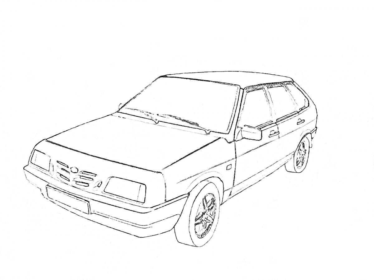 Раскраска Автомобиль ВАЗ 2114, вид спереди и сбоку, колеса, передние фары, лобовое стекло, двери, боковые зеркала, капот