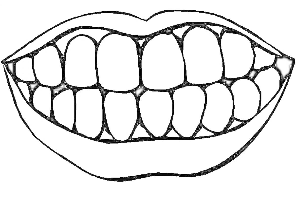На раскраске изображено: Рот, Зубы, Язык, Здоровые зубы, Улыбка
