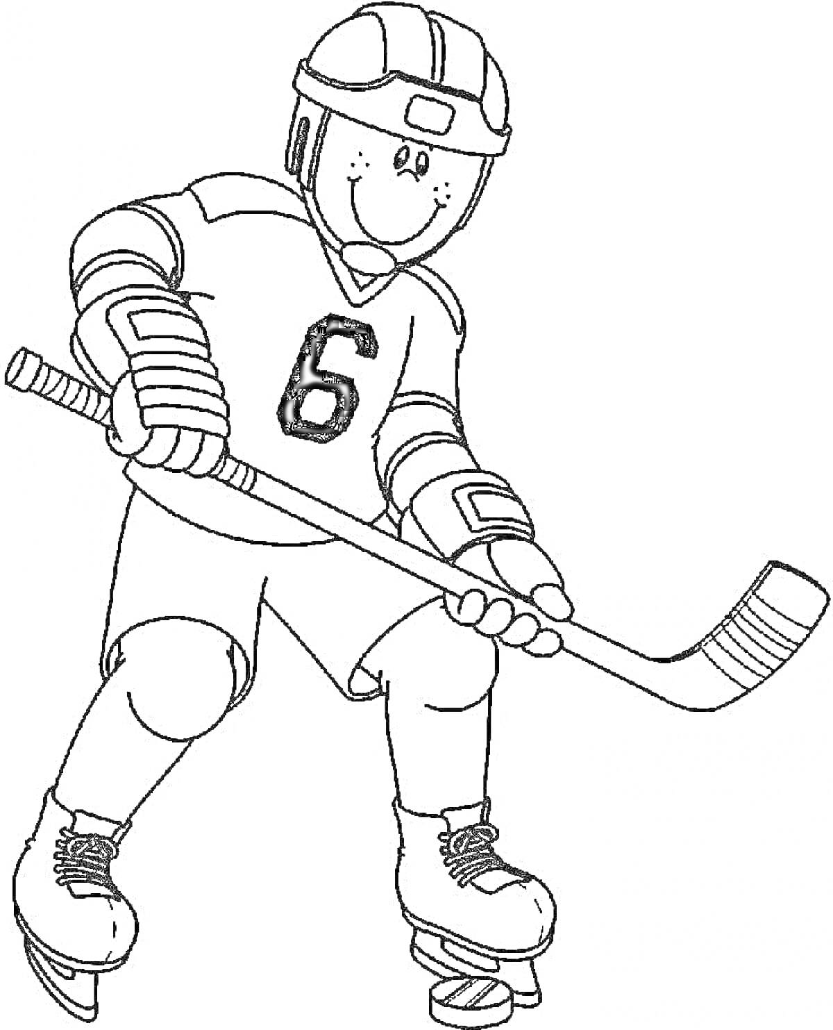 Раскраска Хоккеист в шлеме с клюшкой, номер 6 на форме