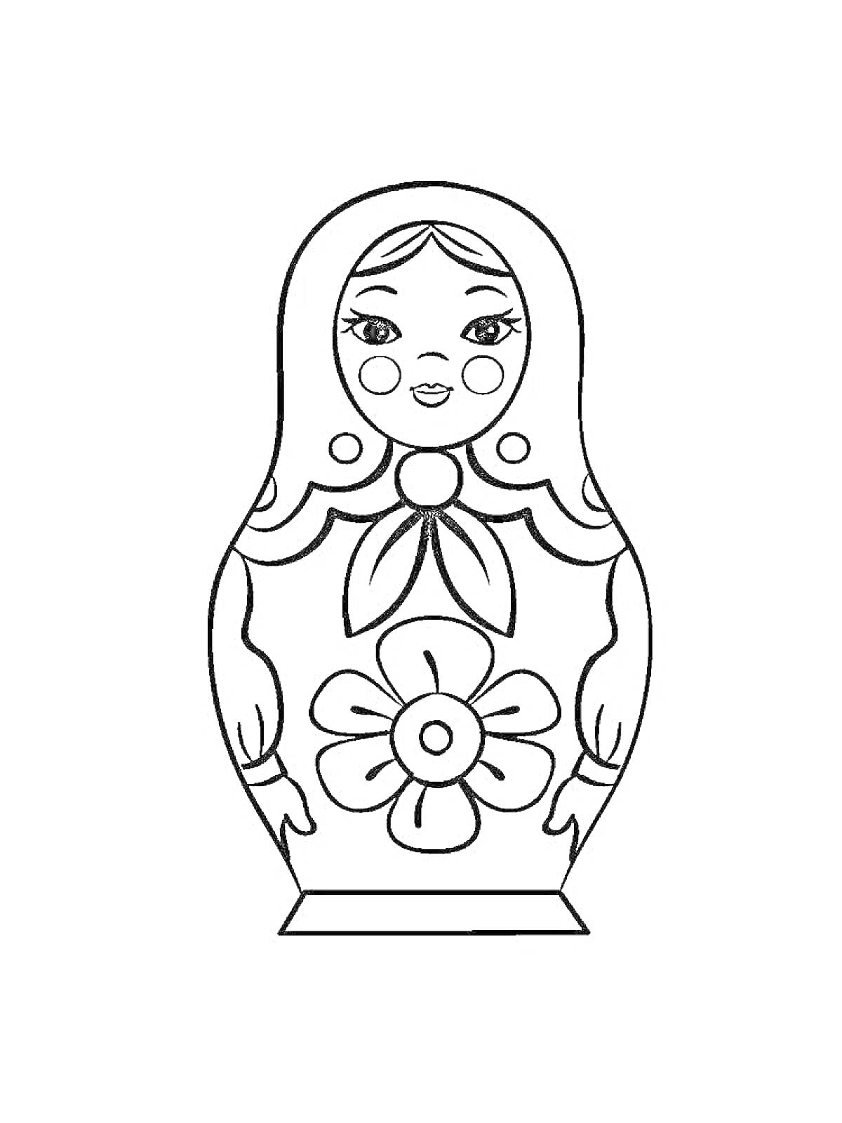 Раскраска Матрешка с цветком, лентой на шее и крупными глазами