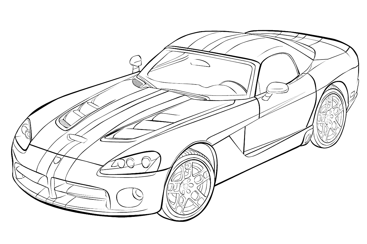 Раскраска Спортивный автомобиль с гоночными полосами, деталями кузова и дисками
