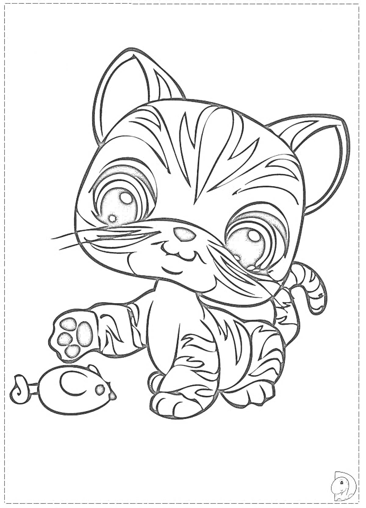 Раскраска Кошечка играет с маленькой мышкой