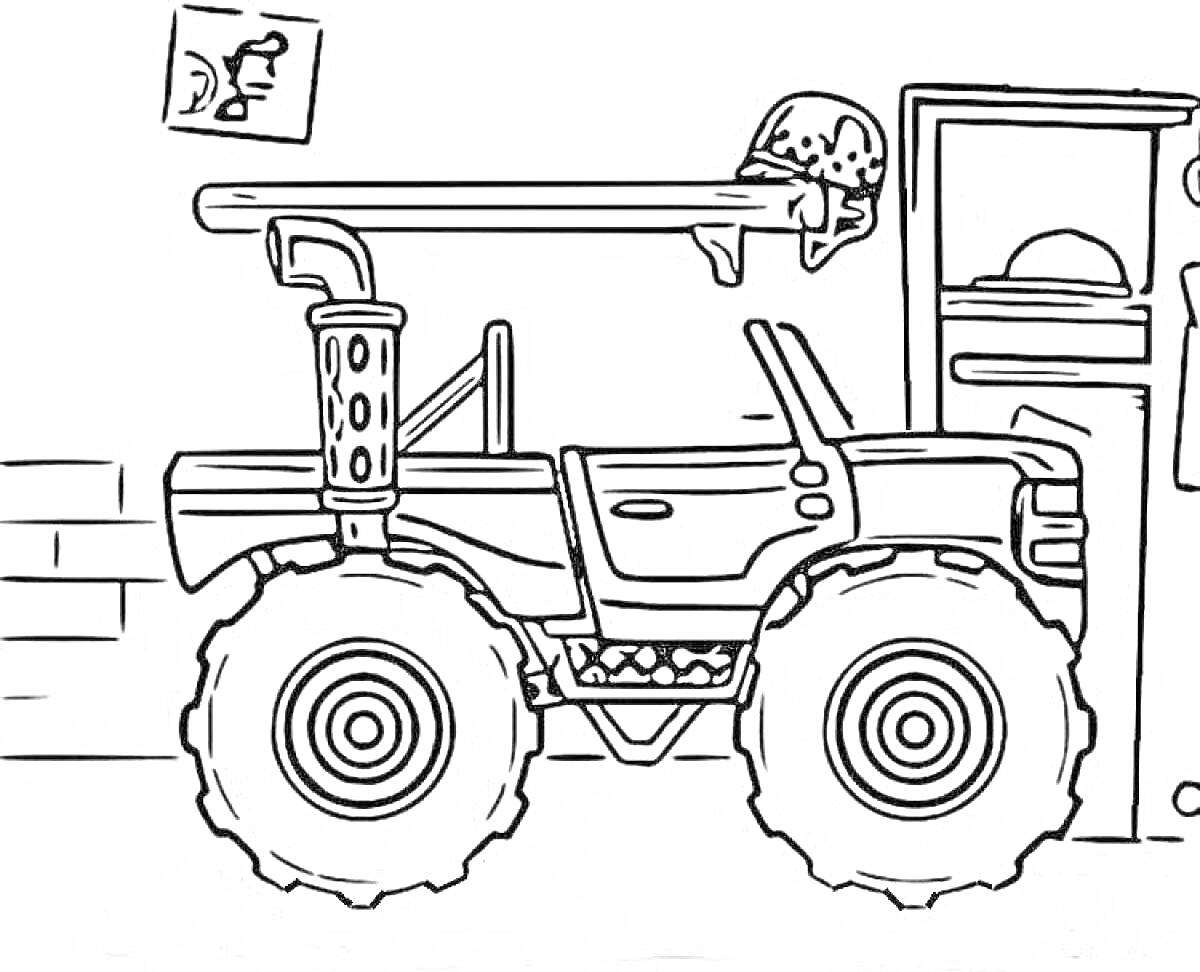 Раскраска Внедорожник в гараже с шлемом и инструментами