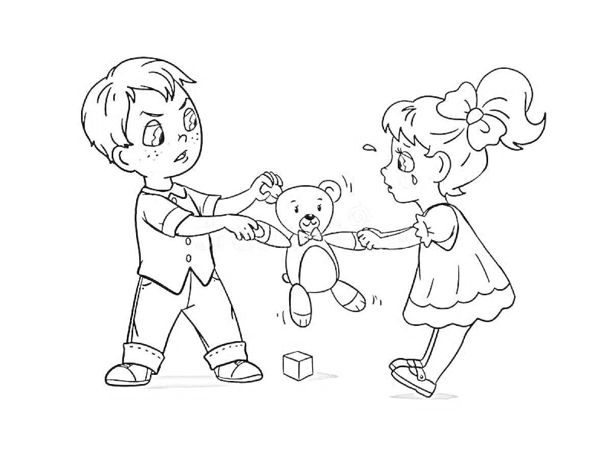 мальчик и девочка дерутся за плюшевого мишку, кубик на полу