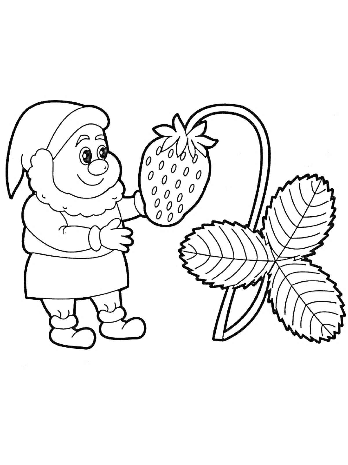 Раскраска Гном с клубникой и листом клубники