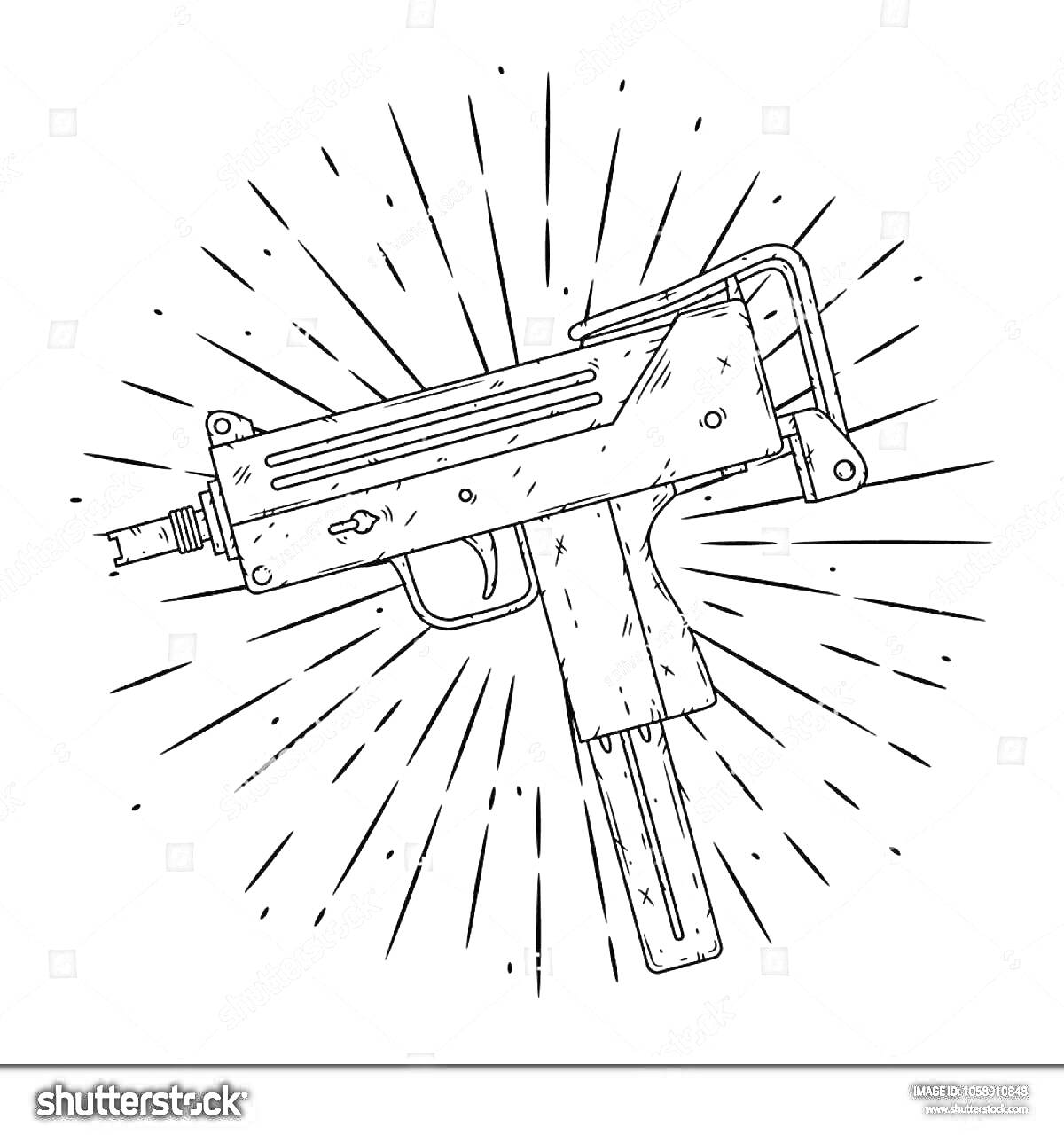 На раскраске изображено: Узи, Пистолет-пулемет, Оружие, Обойма, Механические детали, Линии