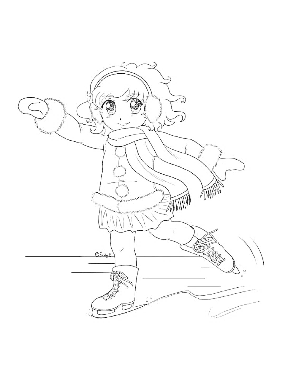 Раскраска Девочка на коньках в зимней одежде с шарфом и наушниками