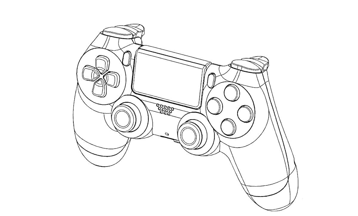 Раскраска Контроллер Sony PlayStation с двумя аналоговыми стиками и четырьмя кнопками управления