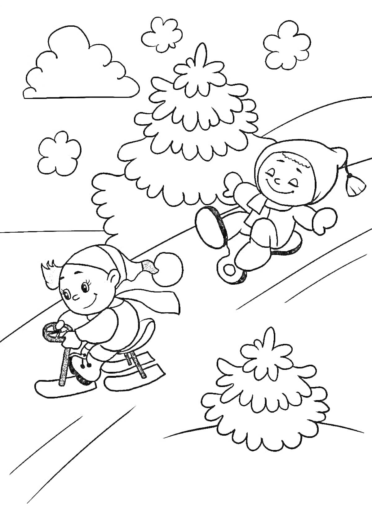 Раскраска Дети катаются с горки на санках и ледянке среди заснеженных ёлок и облаков