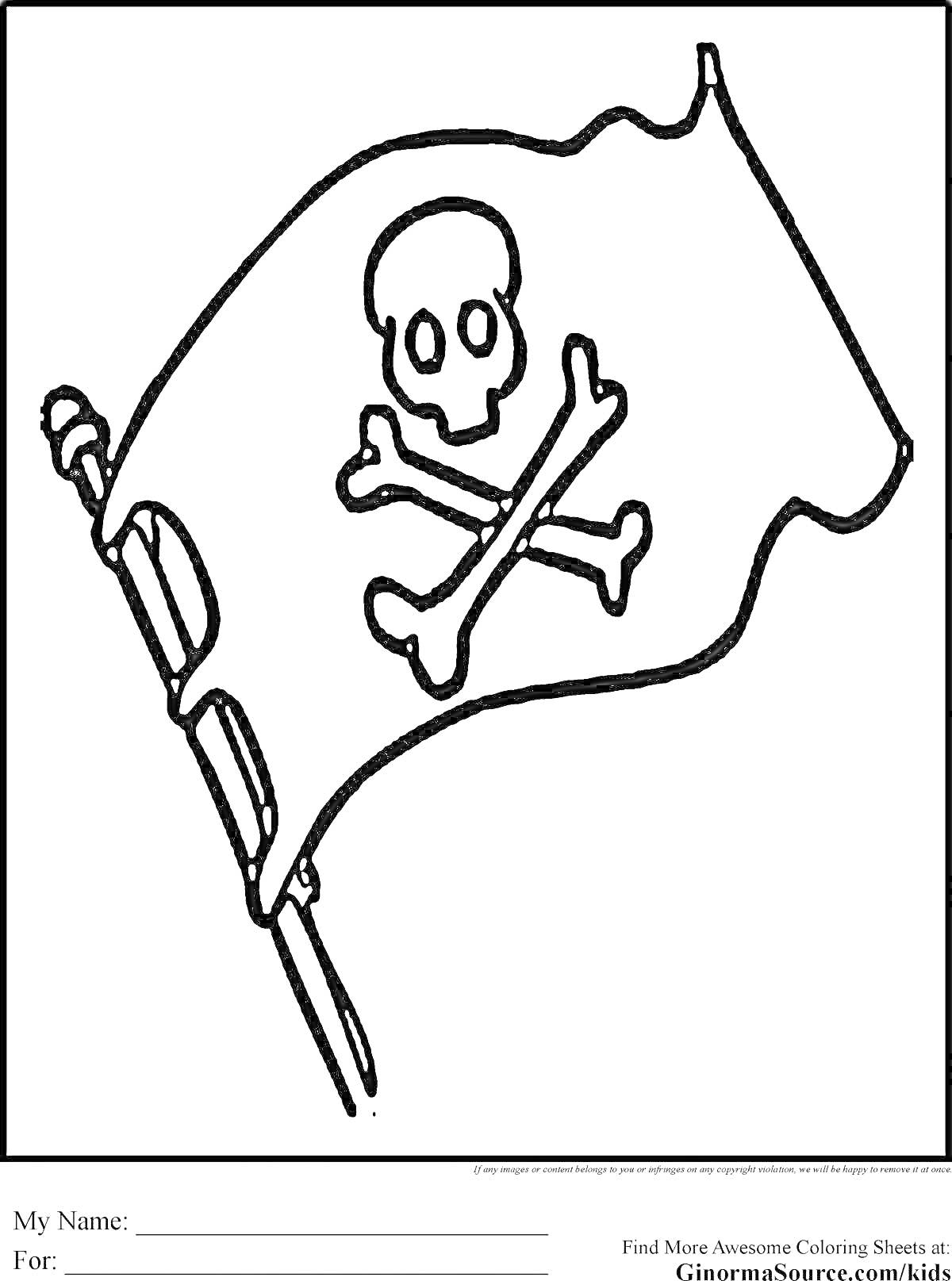 На раскраске изображено: Пиратский флаг, Череп, Скрещенные кости, Флаг, Пираты, Пираты карибского моря, Морские приключения