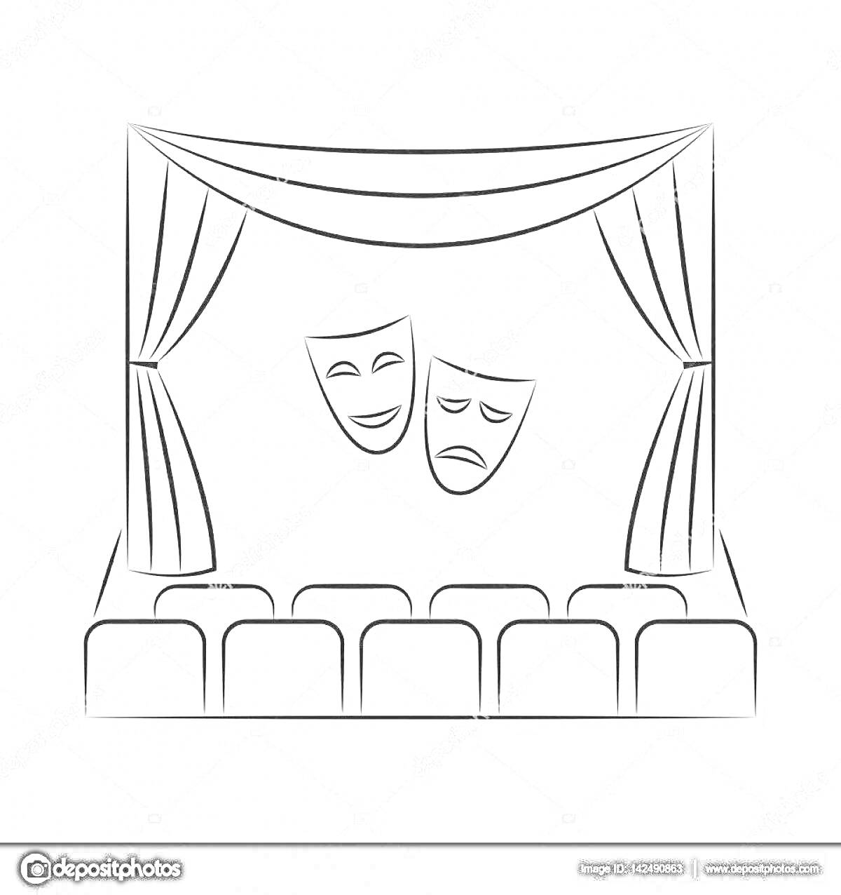 На раскраске изображено: Театр, Закулисье, Занавес, Спектакль, Комедия, Драма, Зрительный зал