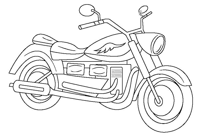 На раскраске изображено: Мотоцикл, Транспорт, Колеса, Крылья, Фары, Зеркало, Выхлопные трубы, Сидение
