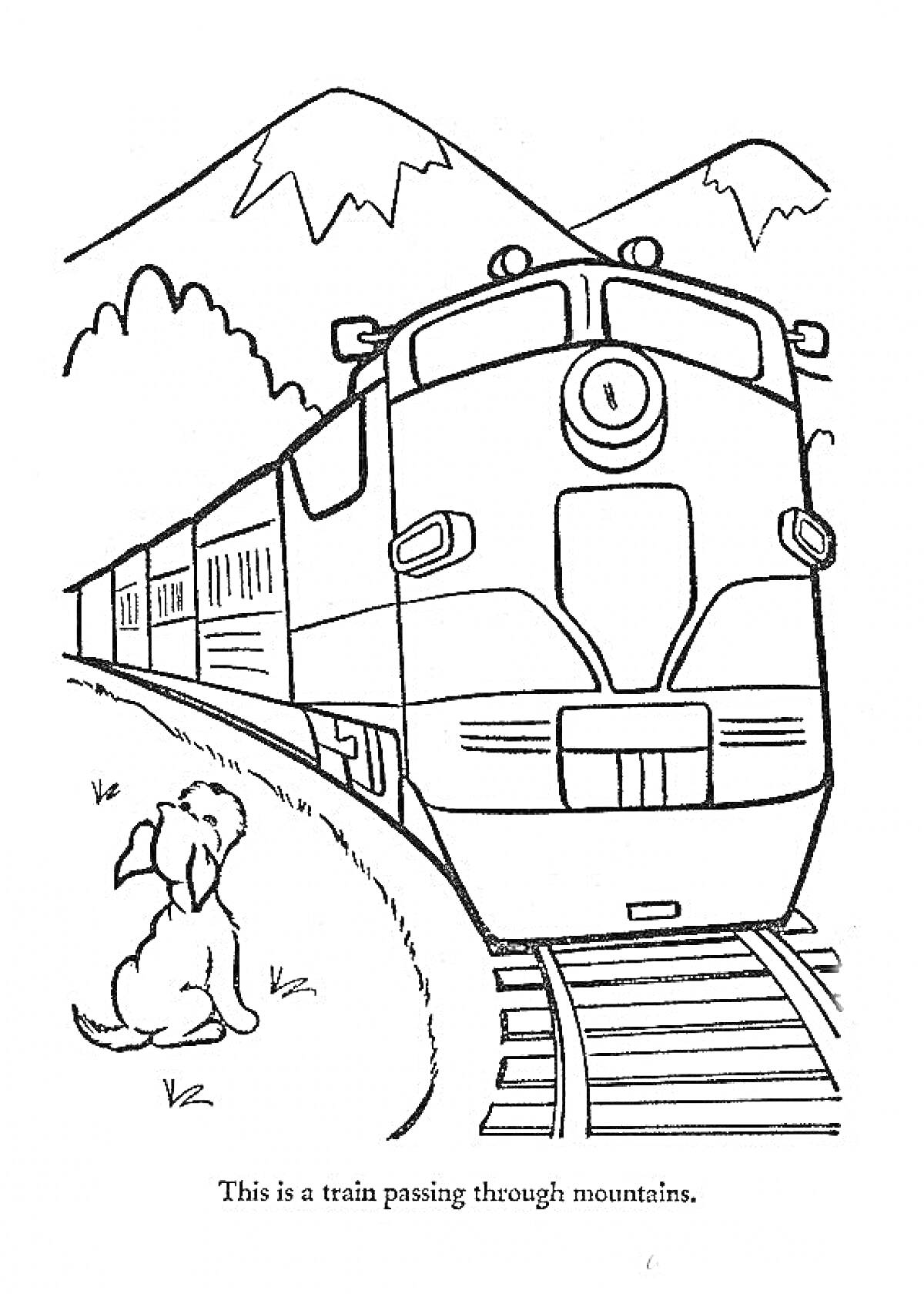 Раскраска Поезд, проходящий через горы с собакой на переднем плане
