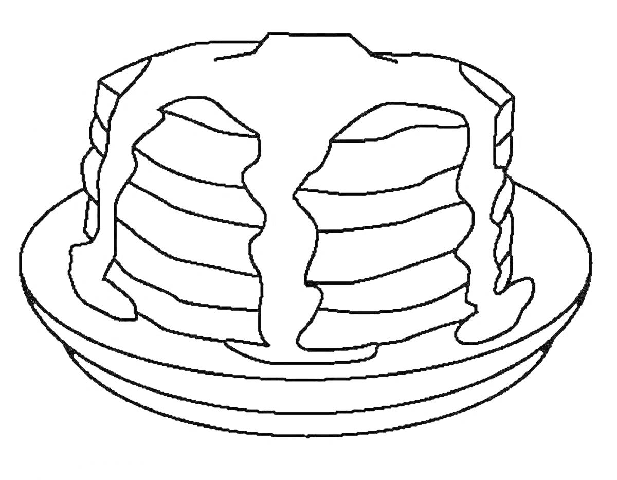 Раскраска Стопка блинов с сиропом на тарелке