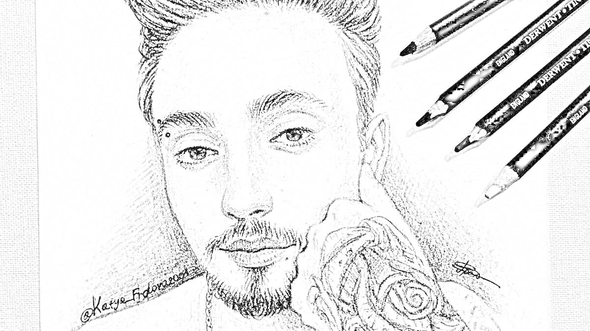 Раскраска Портрет мужчины с татуировкой на руке и набросок карандашом