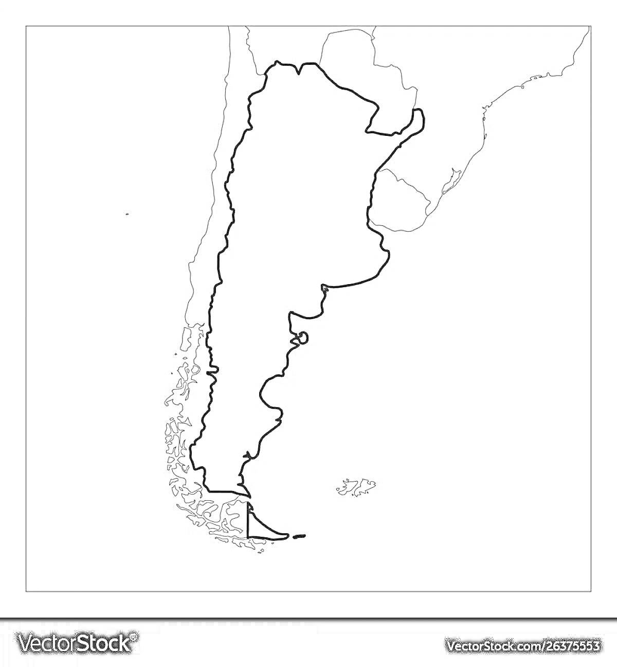 На раскраске изображено: Аргентина, Контурная карта, Южная Америка, Границы, География, Карта