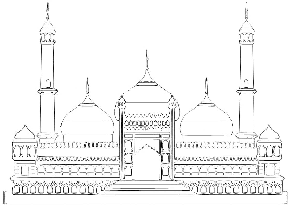 Раскраска Мечеть с куполами и минаретами
