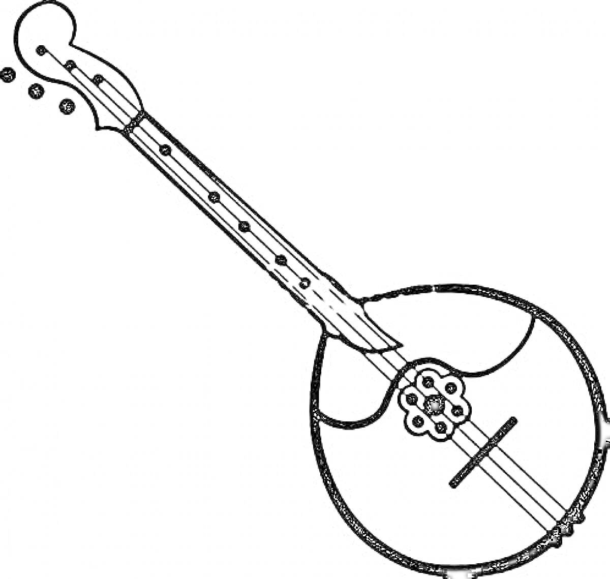 Музыкальный инструмент с длинным грифом и круглым корпусом с декором