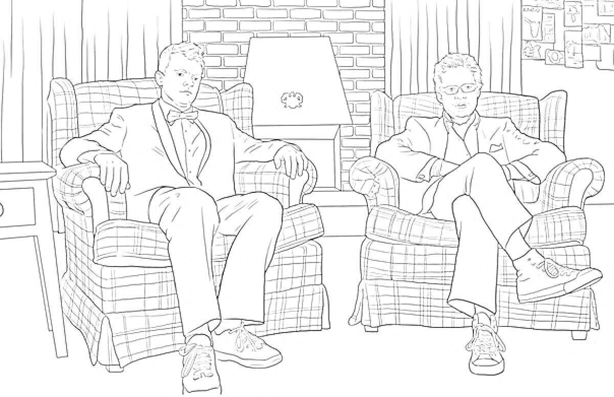 Раскраска Двое мужчин сидят в креслах, лампа, кирпичная стена, шторы, комод