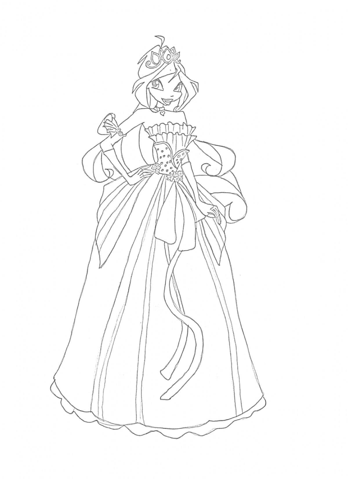 Раскраска Принцесса Винкс в платье с лентами и короной