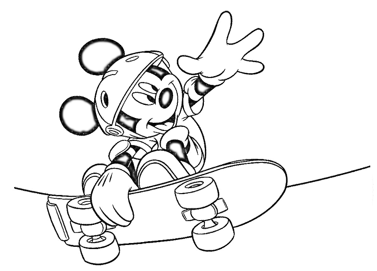 РаскраскаМышонок на скейтборде в шлеме показывает рукой жест