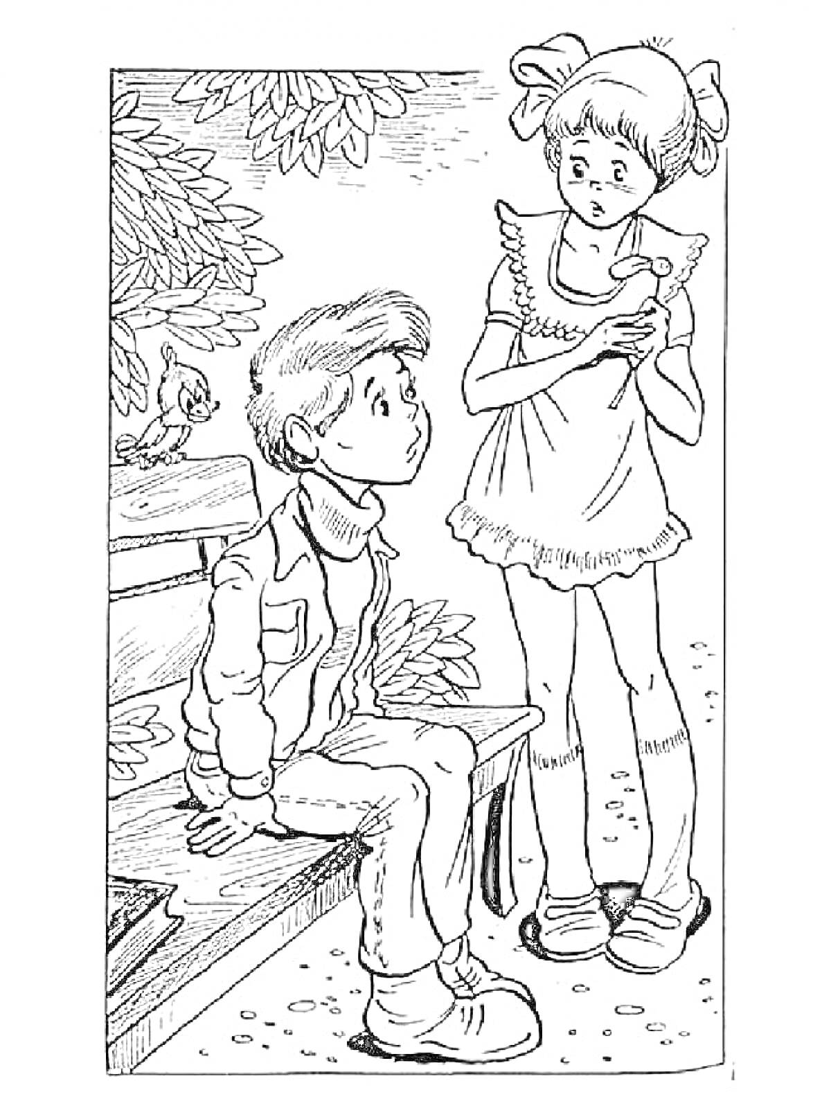Раскраска Девочка с цветиком-семицветиком у скамейки с мальчиком в парке