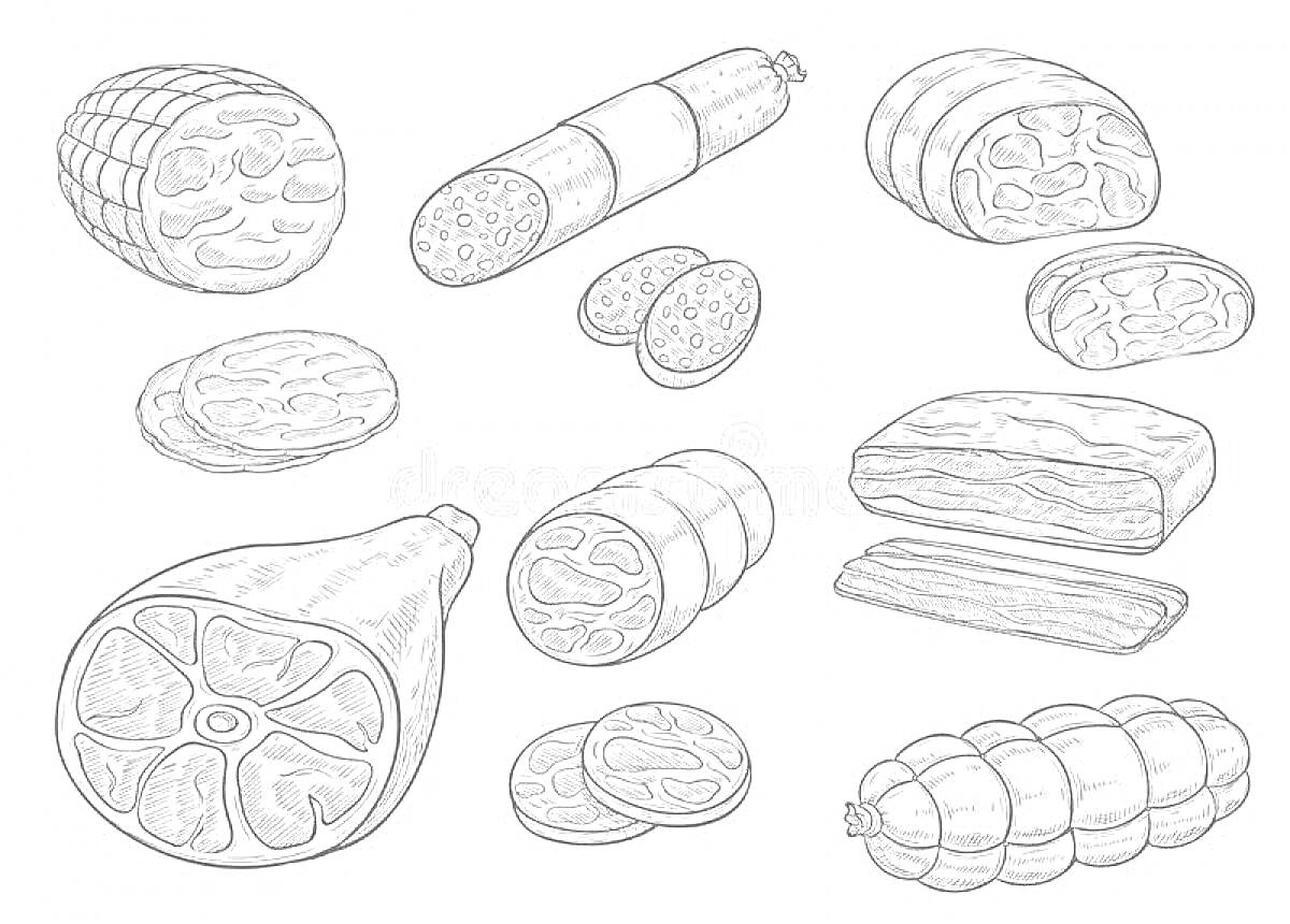 На раскраске изображено: Мясные продукты, Колбаса, Ветчина, Бекон, Салями, Нарезка, Еда