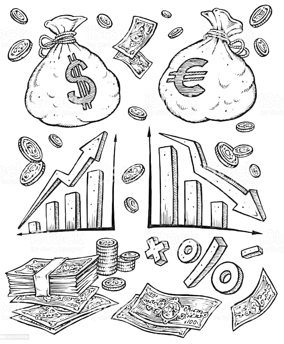 Раскраска Мешки с деньгами (доллары и евро), графики роста и падения, монеты, стопки денег, купюры, математические символы (плюс, минус, процент)