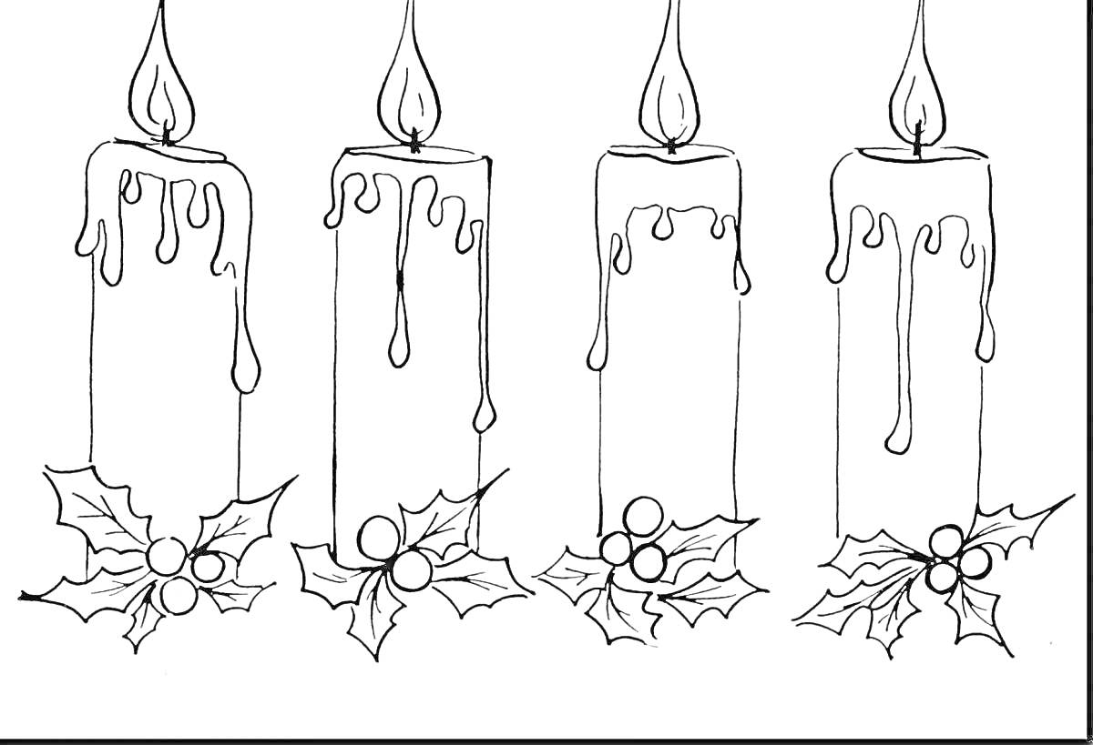 Четыре горящие рождественские свечи с капающим воском и ветками с листьями и ягодами