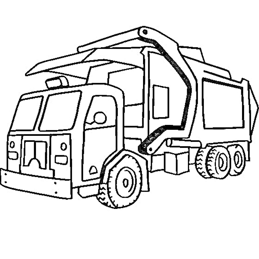 Раскраска Мусоровоз с подъёмным механизмом и большими колёсами