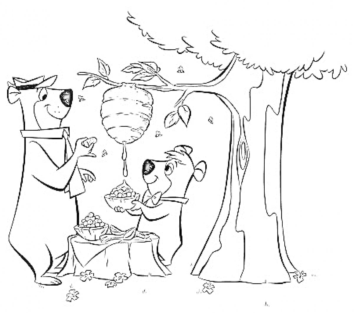 Раскраска Медведь Йоги и Бу-Бу на пикнике под деревом с ульем