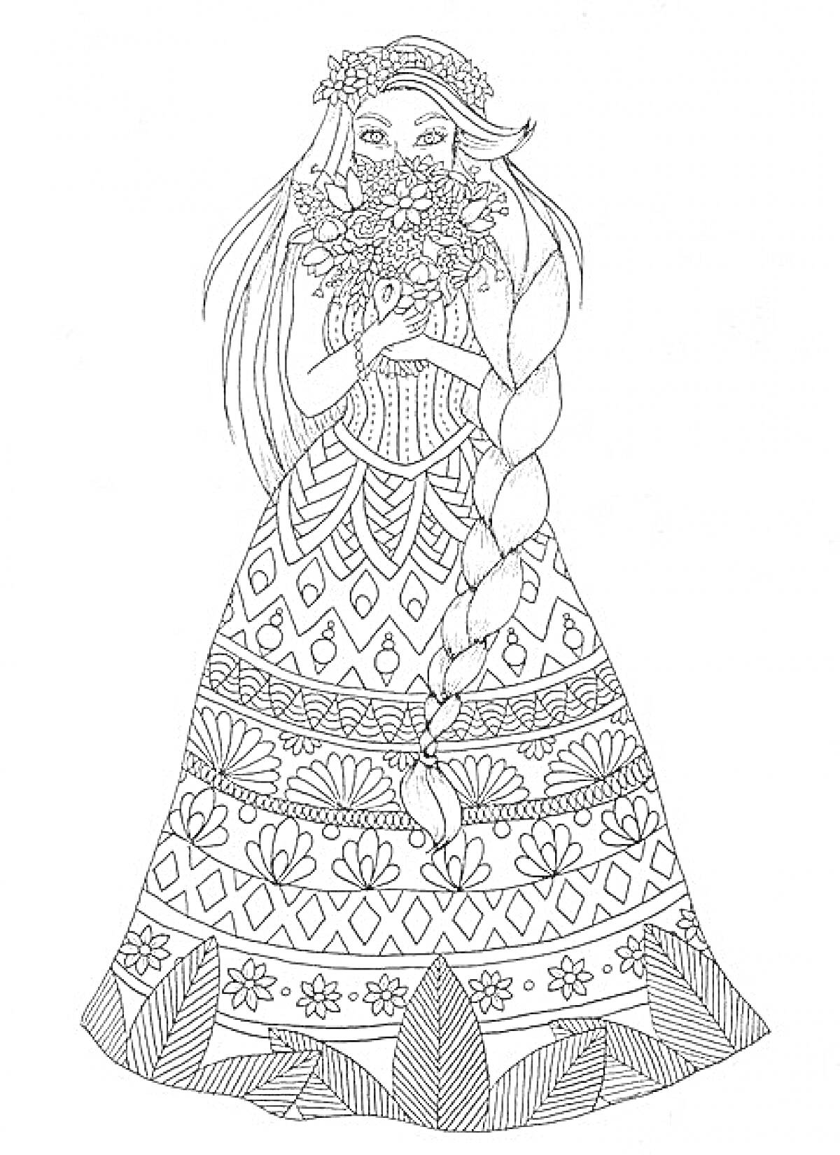 Раскраска Девочка с длинной косой, держащая букет цветов в узорчатом платье