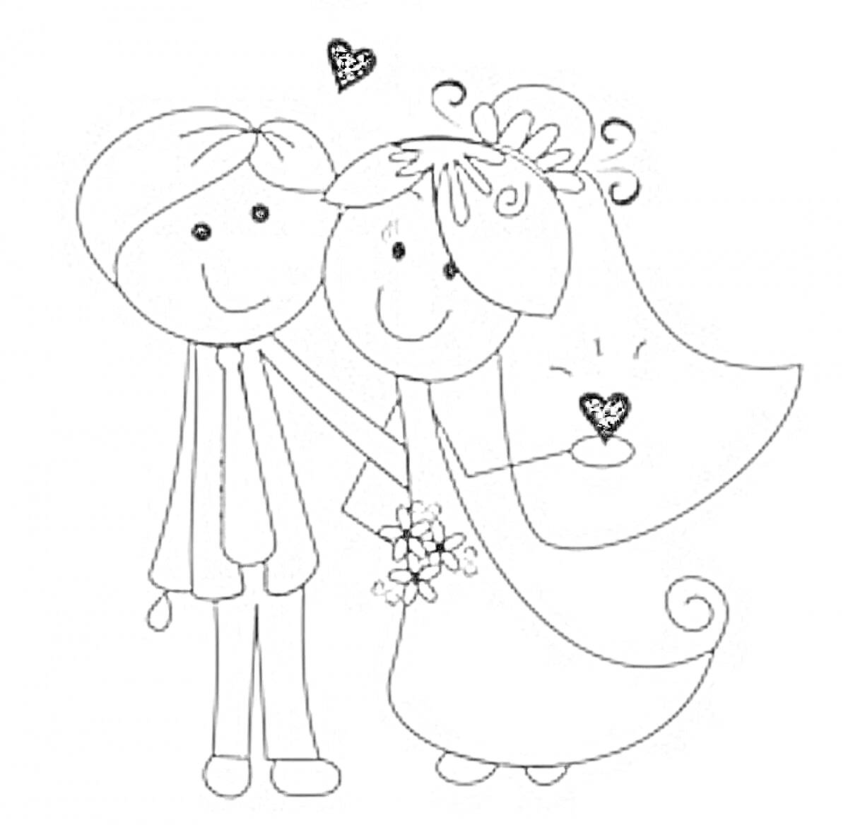 На раскраске изображено: Пара, Жених, Невеста, Любовь, Романтика