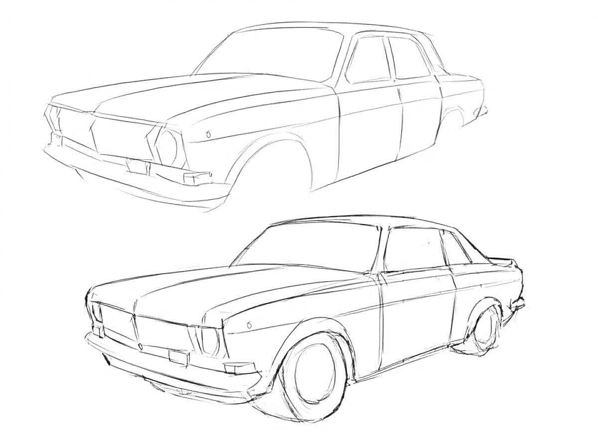 Раскраска ГАЗ 24: два ракурса седана