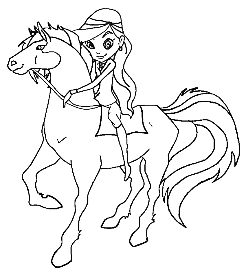 На раскраске изображено: Девочка, Лошадь, Длинные волосы, Хвост, Грива, Отдых