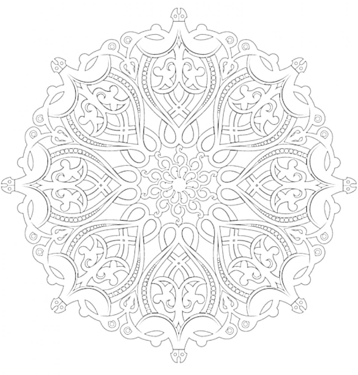 Раскраска Мандала с сердцевидными и полукруглыми элементами, включает сложные узоры и симметричные линии