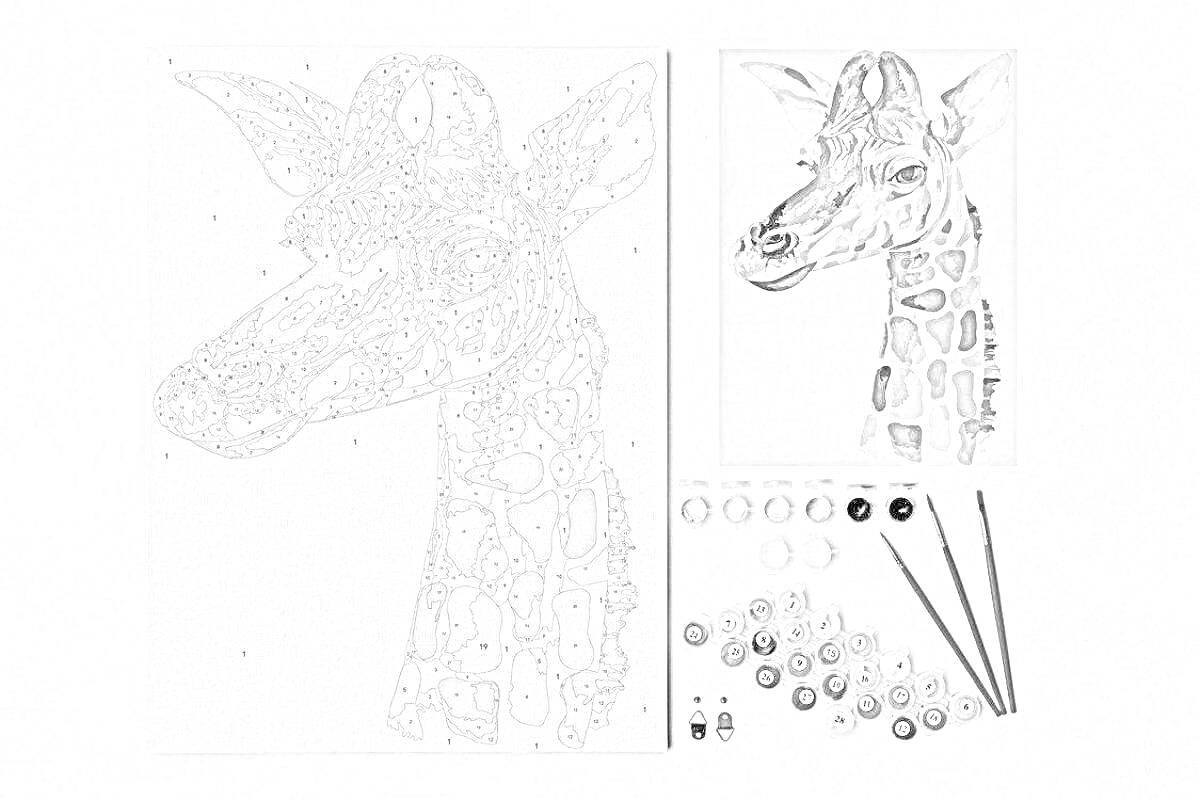 Раскраска раскраска по номерам жираф с холстом, палитрой красок и кистями