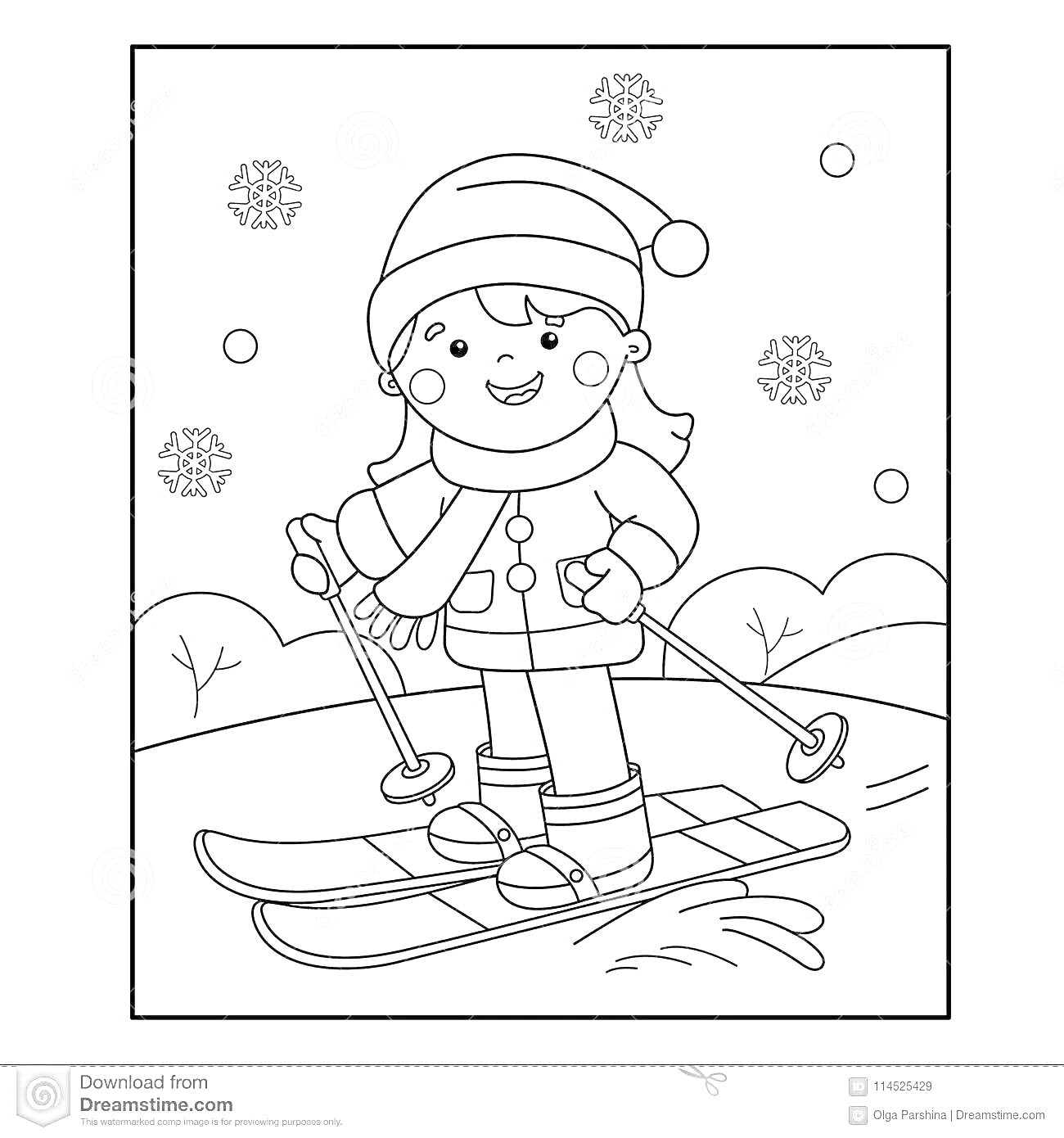 На раскраске изображено: Девочка, Лыжи, Лыжные палки, Зима, Снег, Снежинки, Зимние виды спорта, Горка, Куртка, Шапка, Ботинки