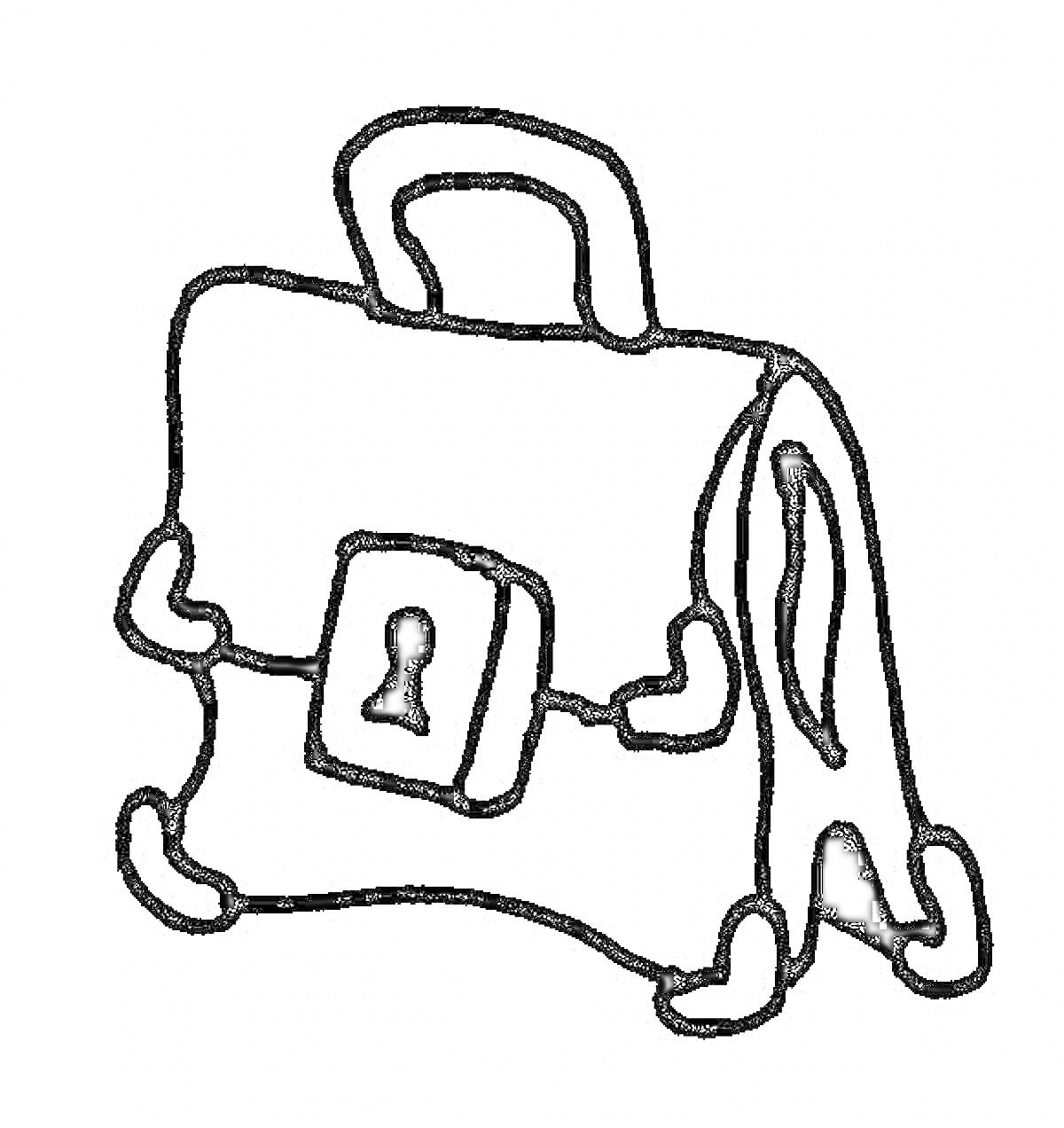 На раскраске изображено: Сумка, Ручка, Замок, Предметы, Контурное изображение, Школьная сумка