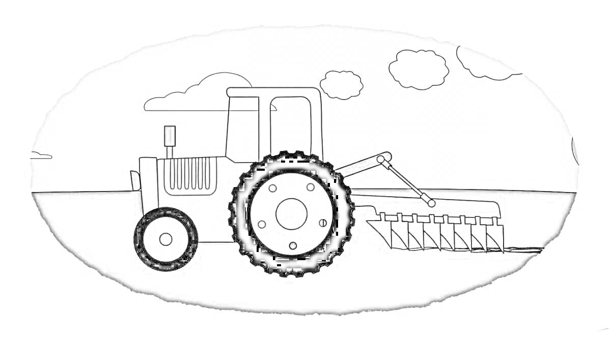 Раскраска трактор на поле с облаками