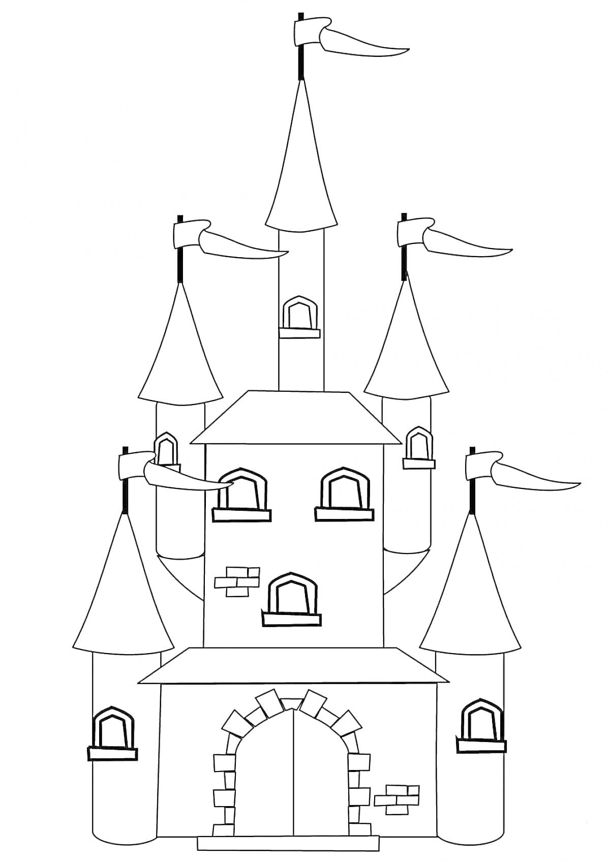 На раскраске изображено: Дворец, Башни, Окна, Дверь, Замок, Архитектура