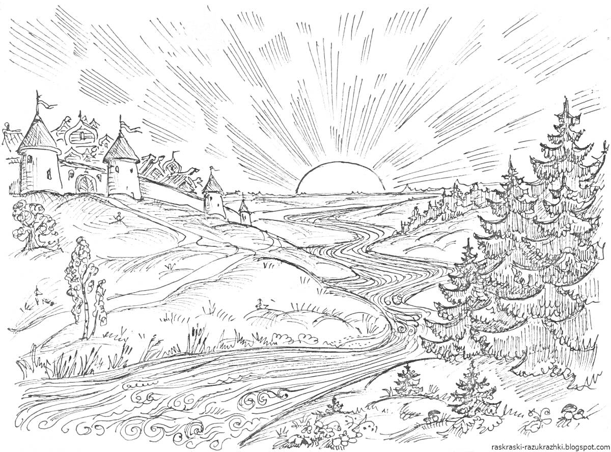 Раскраска Рассвет над средневековым замком с рекой и лесом