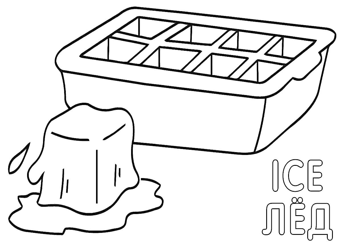 Раскраска Лоток для льда и тающий кубик льда