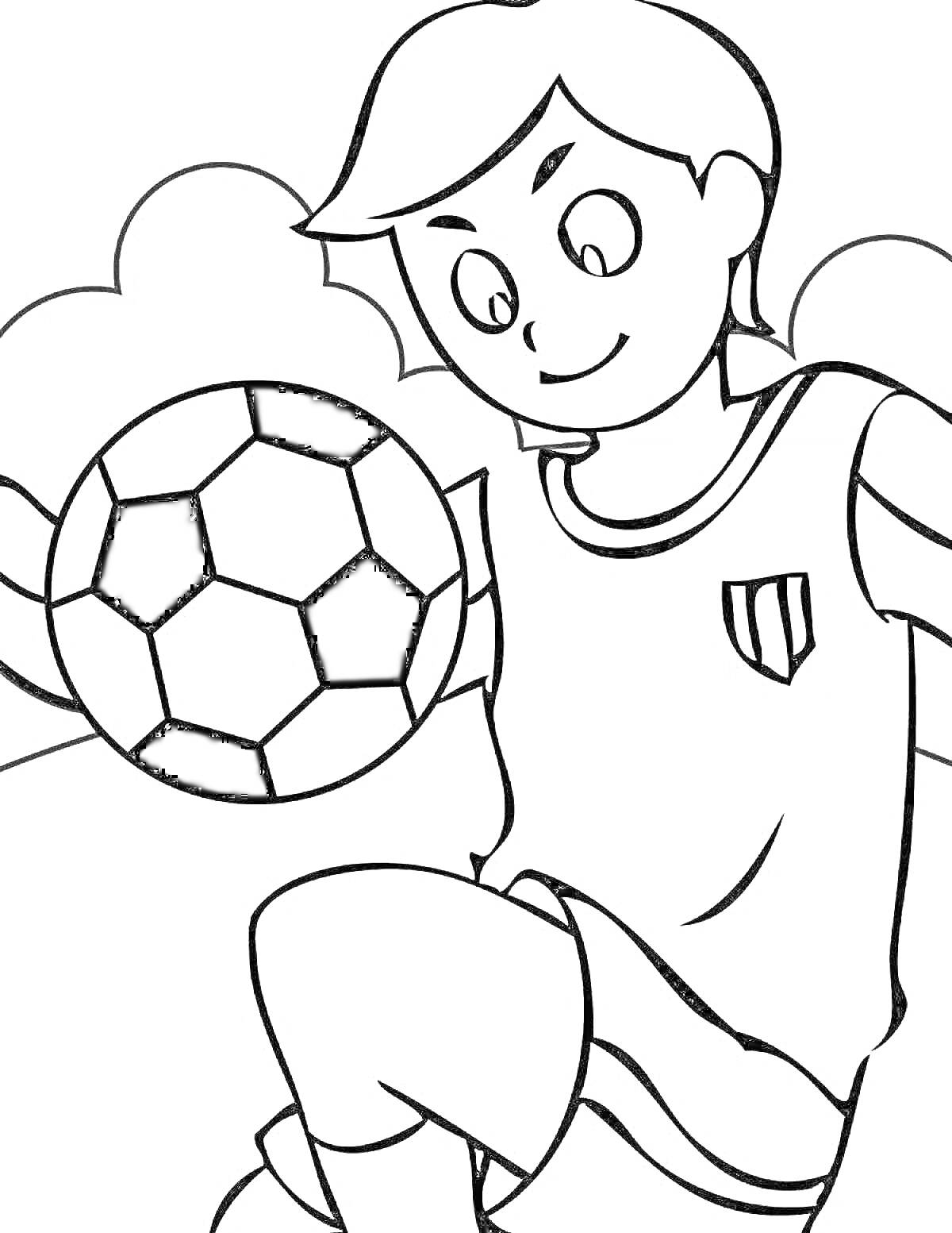 На раскраске изображено: Футбол, Мальчик, Футбольный мяч, Облака, Спорт, Футболист